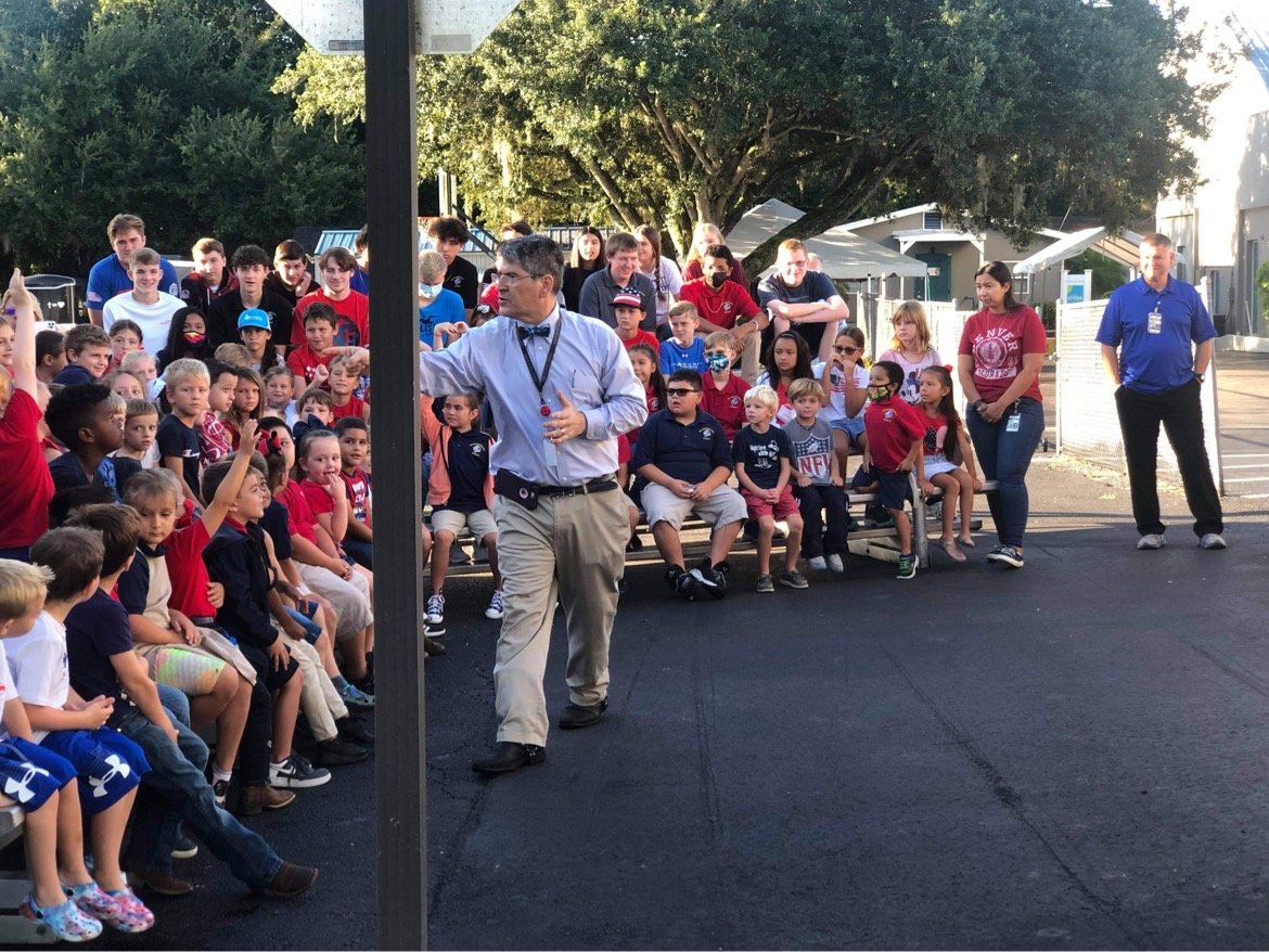 Tom Pasquarella, affectionately known as Mr. T or Pastor Tom, energetically and enthusiastically speaks to the students during their See You at the Pole event following his long bout with COVID-19. Mr. P is still recuperating and hopes to be back in the classroom in October.